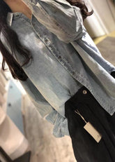 Top de lino azul vaquero hecho a mano con cuello de solapa y caja, ropa de talla grande, top de otoño